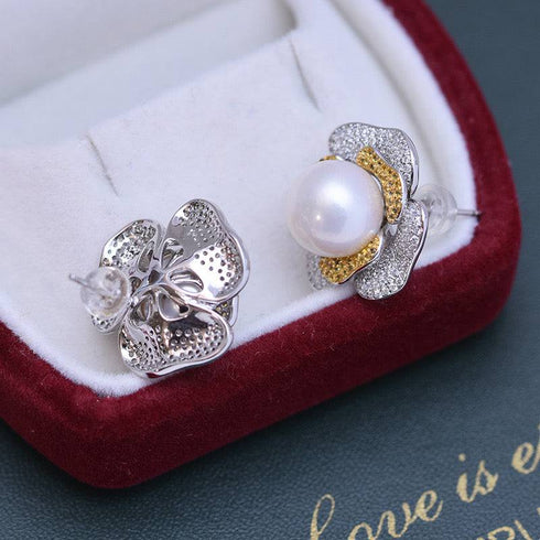 10-11mm Freshwater Pearl & Large Rose CZ Earrings - House Of Pearls